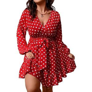 voor vrouwen jurk Plus gestippelde jurk met lantaarnmouwen en ruches aan de zoom (Color : rood, Size : XXL)