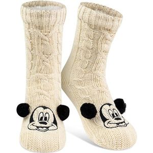 Disney Mickey Mouse huissokken, gebreide huissokken met oren en sherpa-voering voor dames, knuffelsokken, wollige wintersokken, warme damessokken, eenheidsmaat, wit, wit, 38/43 EU