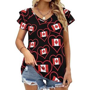 I Love Canada Red Heart Dames Casual Tuniek Tops Ruches Korte Mouw T-shirts V-hals Blouse Tee