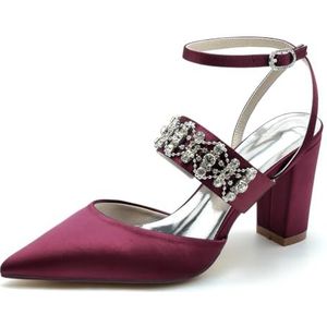GHSIRUEU Slingback Strass Hakken Voor Dames Gesloten Pompen Met Puntige Neus Enkelbandje Satijnen Trouwjurk Schoenen,Burgundy,36 EU
