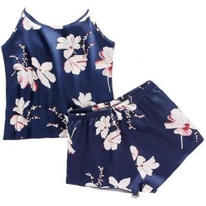 CSSHNL Satijnen Pyjama Set Dames Satijn Zijde Kant Cami Vest Shorts Lingerie Pyjama Set Zomer Vrouwen Pyjama Sets Tweedelige set Pijama Voor Vrouw Dames Pyjama Set, Een Blauwe Bloem, L