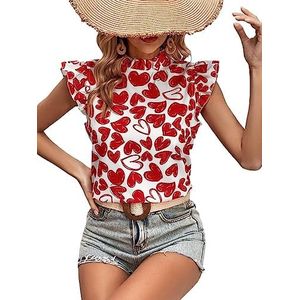 dames topjes Blouse met opstaande hals en ruches met hartprint (Color : Red and White, Size : X-Small)
