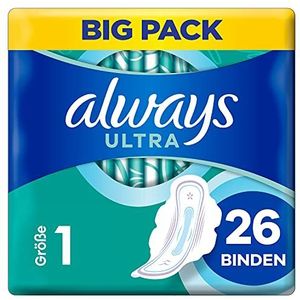 Always Ultra Binden normaal damesverband (maat 1) met vleugels (26 maandverband met vleugels), Big Pack, dun en super absorberend, geurneutraliserend en lekbescherming
