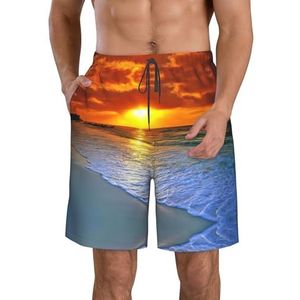 Strand met Zonsondergang Print Heren Zwembroek Trunks Mannen Sneldrogend Ademend Strand Surfen Zwembroek met Zakken, Wit, XXL