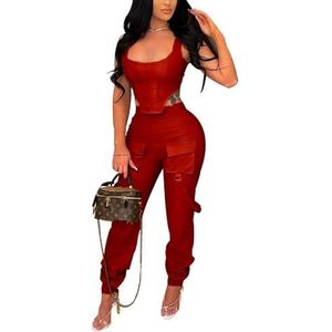 Damesmode PU-kunstleer 2-delige Outfits, Sexy Laag Uitgesneden Mouwloze Crop Top En Hoge Taille Lange Cargo Broek Set (Color : Red, Size : L)