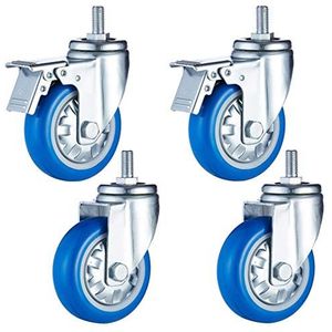 M12 x 4 schachtwielen, robuuste rubberen wielen, 360° draaibaar met remwielen, stil/slijtvast, blauw (2A + 2b, 125mm(5in))