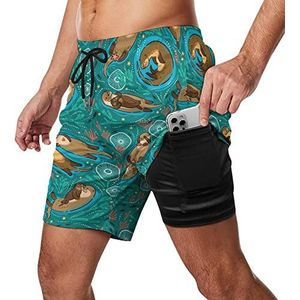 Schattige bruine Otters Zwembroek voor heren, sneldrogend, 2-in-1 strandsportshorts met compressieliner en zak