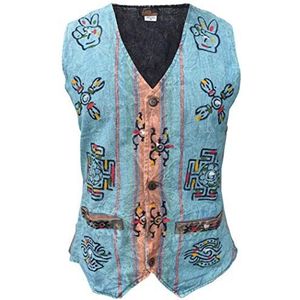 Gheri Heren hippie gestreept vredessymbolen boho turquoise stonewashed vest, Blauw, XL