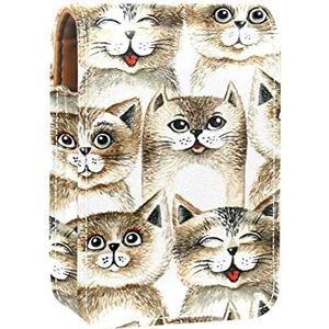 Cat Animal Portable Lipstick Case voor op reis, Mini Lipstick Opbergdoos met spiegel voor vrouwen dames, Lederen cosmetische etui, Meerkleurig, 9.5x2x7 cm/3.7x0.8x2.7 in