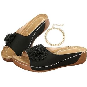 Comfortabele Antislip Effenkleurige Sandalen Met Open Teen En Sleehak For Dames For De Hele Dag Wandelen Casual Slipper Met Boogondersteuning(Black,45)