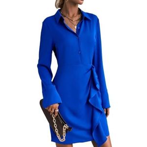 jurken voor dames Effen overhemdjurk met knoop aan de zijkant - Casual overhemdkraagjurk met korte mouwen, ruches en knopen aan de voorkant (Color : Royal Blue, Size : Small)