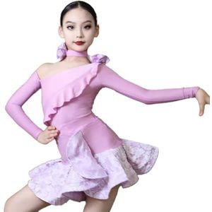 Omfpafeu Meisjes Latijns-Amerikaanse dansjurk met lange mouwen schuine kraag dansrok Rumba Tango Salsa Cha Cha-optreden wedstrijdkostuum,Purper,110