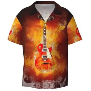 Rock Gitaar in Brandende Print Heren Korte Mouw Button Down Shirts Casual Losse Fit Zomer Strand Shirts Heren Jurk Shirts, Zwart, XL