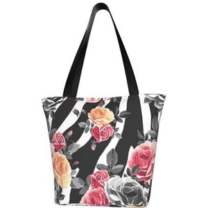 LAMAME Zeester Shell Blauw Hout Op Strand Landschap Gedrukt Casual Handtas Mode Schoudertas Grote Capaciteit Boodschappentas, Rozen Bloem Bloemen Zebra Strepen, Eén maat