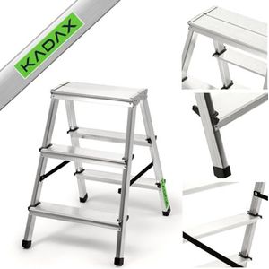 KADAX Trapladder van aluminium, 3 treden, vouwladder tot 125 kg, trapladder met antisliptreden, staande ladder, dubbelzijdige aluminium ladder, vouwladder, huishoudladder