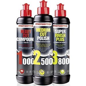 Menzerna MENZEMA 250 ml: Heavy Cut Compound 1000 & Medium Cut Polish 2500 en Super Finish 3800 250 ml