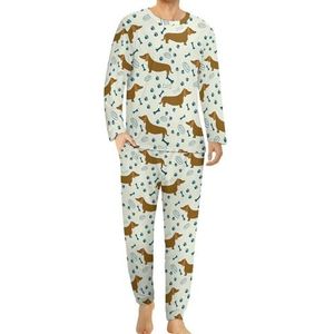 Teckel Patroon Comfortabele Heren Pyjama Set Ronde Hals Lange Mouw Loungewear met Zakken S