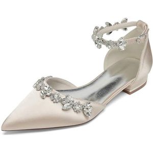 Dames Pumps Met Puntige Neus Satijnen Trouwschoenen Voor Bruidsflats Enkelbandje Bruidsschoenen Formele Galafeestjurk Sandalen,Champagne,36 EU