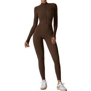 ROEUIPG Jumpsuit voor dames met ritssluiting, lange mouwen, yogaset, fitnesskleding, trainingskleding, sportpak, zeer sterke sportkleding, fitnesspak (koffie, XL)