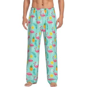OKFSTY Flamingo Herenpyjamabroeken,Pyjama Polyester Broek Voor Mannen Zachte Lange Lounge Pj Slaap Broek Met Zakken, Wit, S