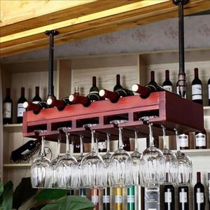 JLVAWIN Opbergrek Wijnrek Wandmontage Restaurant Huishoudelijke Wijnglas Rack ondersteboven Retro Iron art + Massief houten wijnrek (Maat: 80 x 30 cm) Planken