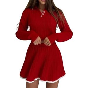 GKEIOSHQIL 2-delige rokkensets voor vrouwen lange mouwen polokraag kabelgebreide pullover top en mini rokkenset,Rood,L