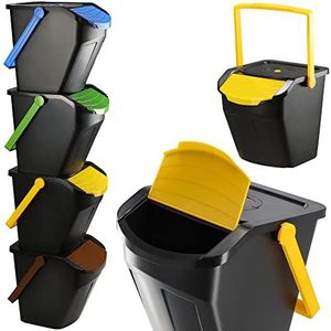 KADAX Recycling-emmer, 25 liter afvalemmer met deksel, afvalemmerset voor gemakkelijke afvalscheiding, afvalverzamelaar, afvalscheider voor biologisch afval, papier, glas, 4 stuks 25 liter