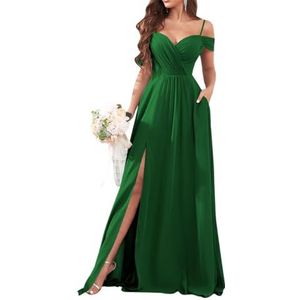 Dames chiffon bruidsmeisjes jurken met split lange galajurken ruches cocktailjurk plus size, Emerald Groen, 32