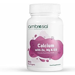 Ambrosial Calcium Magnesium Zink & Vitamine D3 Zeer effectief calciumsupplement voor gezonde botten, spieren en tanden | Zeer biologisch beschikbare calciumcitraat calciumtabletten 60 softgel capsules
