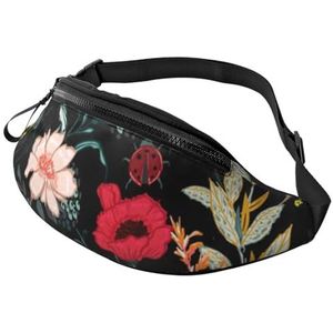 Grote crossbody heuptas voor dames en heren, rode klaproos bloem bedrukte heuptas voor mannen vrouwen heuptas mode heuptas met verstelbare riem voor workout hardlopen reizen, Kleurrijke Boho Bloemen,