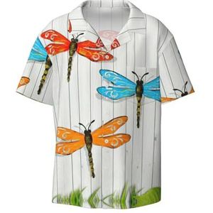 OdDdot Dragonfly Fence Print Heren Overhemden Atletische Slim Fit Korte Mouw Casual Business Button Down Shirt, Zwart, 3XL