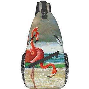 WOWBED Flamingo's op het strand bedrukte casual cross body borsttas, comfortabel en handig, geschikt voor werk, sportschool en dagelijkse collocatie, Zwart, One Size