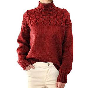 KeYIlowys Dames Fashion Kabel Gebreid Detail Hoge hals Lange Mouwen Sweater Dames Hoge hals Gebreide Sweater, Rood, L