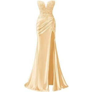 KIYNE Zeemeermin satijnen baljurk voor dames, met kant, appliqué, zijsplit, korset, baljurk voor dames, lange formele jurk, Roségoud, 32