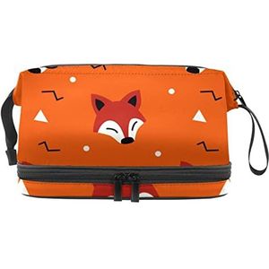 Grote capaciteit reizen cosmetische tas,Grappige vos met bril glimlach oranje achtergrond, make-up tas, waterdichte make-up tas organisator, Meerkleurig, 27x15x14 cm/10.6x5.9x5.5 in