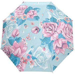 Jeansame Rose Bloem Blauw Vouwen Compacte Paraplu Automatische Regen Paraplu's voor Vrouwen Mannen Kid Jongen Meisje