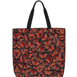 FRGMNT Oranje Print Tote Bag Voor Vrouwen, Casual Rits Tote Mode Schouder Handtas Hobo Tas Met Zakken, Monarch Vlinders, Eén maat