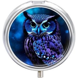 Blauwe uil pillendoos medicijnpillenorganisator 3 compartimenten dagelijkse pillendoos kleine pillencontainer ronde pillenhouder reizen pillendoos metalen pillendoosje voor portemonnee zak