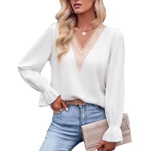 2024 Vrouwen Sexy Kanten Rand V-hals Shirts Chic Gesmokte Bladerdeeg Lange Mouw Tops Solid Casual Losse Tuniek Blouses (Color : White, Size : M)