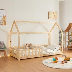[en.casa] Kinderbed Hesel huisbed houtkleurig 90x200 cm met uitvalbeveiliging en lattenbodem vloerbed jeugdbed houten bed