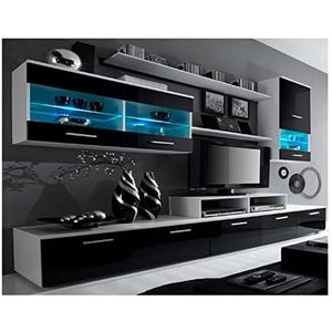 Skraut Home - Woonkamermeubels - 194 x 250 x 42 cm - LED-verlichtingssysteem - Alfa II Model - Grote opslagcapaciteit - Moderne stijl - Wit/zwarte afwerking