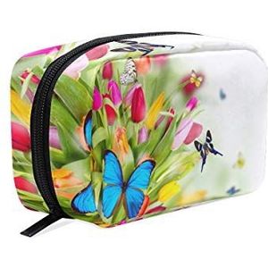 AJINGA kleurrijke rozenblaadjes cosmetische tas rits toilettas dames vierkante make-up borstels tas