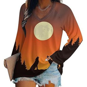 Two Wolves Howls at The Full Moon Casual T-shirts met lange mouwen voor dames V-hals bedrukte grafische blouses Tee Tops 4XL