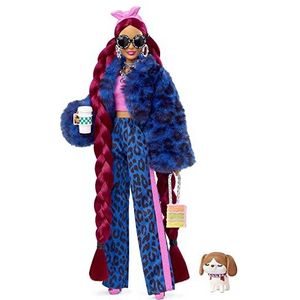 ​Barbie Extra Pop nr.17 in broek met luipaardprint en jas van namaakbont, met puppy, extra lang haar en accessoires, beweegbare gewrichten, speelgoed voor kids vanaf 3 jaar, HHN09