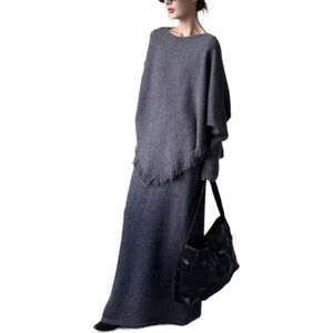 MLSHWUG Dames Gebreid Shirt Met Ronde Hals En Kwastje En Hoog Getailleerde Slankmakende Rok 2-Delige Set,Grijs,One Size