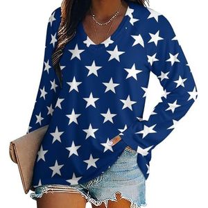 Amerikaanse vlag marineblauw sterren vrouwen V-hals shirt lange mouw tops casual losse pasvorm blouses