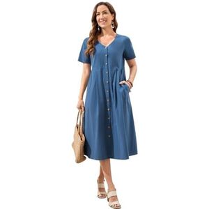 jurken voor dames Effen jurk met enkele rij knopen en schuine zakken (Color : Dusty Blue, Size : L)