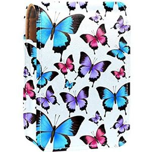 Lipgloss Houder Lipstick Case Draagbare Mini Lipstick Opbergdoos Reizen Lipstick Organizer Case met Spiegel voor Vrouwen Blauw Paars Roze Vlinders Patroon, Meerkleurig, 9.5x2x7 cm/3.7x0.8x2.7 in