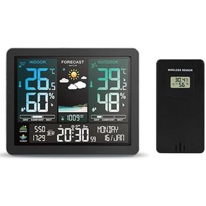 Multifunctioneel weerstation Wekker Kleurenscherm Zonsopgang- en zonsondergangthermometer Hygrometer met draadloze buitensensor,Nauwkeurig voorspellen(With 1 Black Sensor)