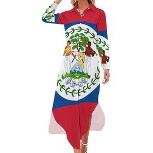 Vlag van Belize Maxi-jurk voor dames, lange mouwen, knoopjurk, casual feestjurk, lange jurk, S